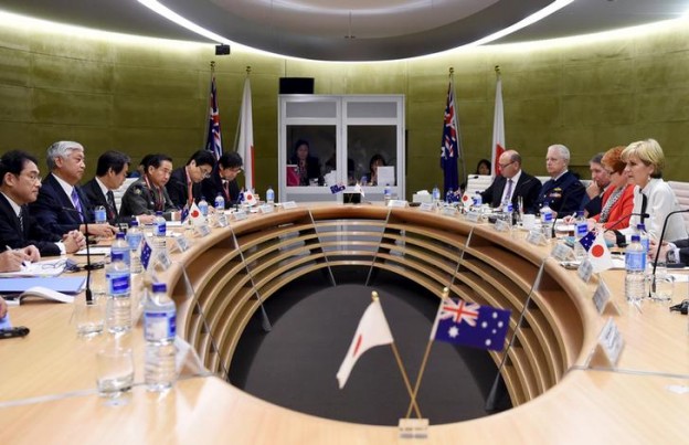 Australian Foreign Minister Julie Bishop (R) sits with Australia's Defence Minister Marise Payne (2nd R) opposite Japan's Defense Minister Gen Nakatani (2nd L) and Japan's Foreign Affairs Minister Fumio Kishida (L) as they hold bilateral talks in Sydney, Australia, November 22, 2015.    REUTERS/Peter Parkes/Pool
