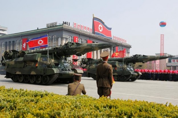 Missiles are driven past the stand with North Korean leader Kim Jong Un and other high ranking officials during a military parade marking the 105th birth anniversary of North Korea's founding father, Kim Il Sung, in Pyongyang, April 15, 2017.     REUTERS/Sue-Lin Wong - RC1A924D5C00