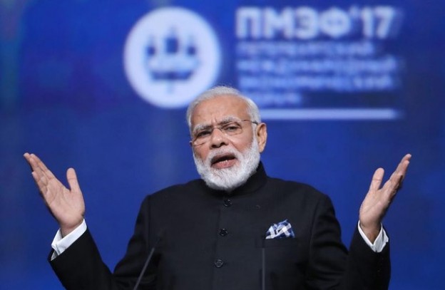 Indian Prime Minister Narendra Modi gestures during a session of the St. Petersburg International Economic Forum (SPIEF), Russia, June 2, 2017. REUTERS/Mikhail Metzel/TASS/Host Photo Agency/Pool  EDITORIAL USE ONLY. - UP1ED6213AQBI
