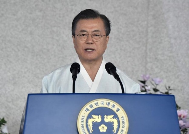 South Korean President Moon Jae-in delivers a speech during a ceremony to mark the 74th anniversary of Korea's liberation from Japan's 1910-45 rule, at the Independence Hall of Korea in Cheonan on August 15, 2019. Jung Yeon-je/Pool via REUTERS - RC1CFC7892F0
