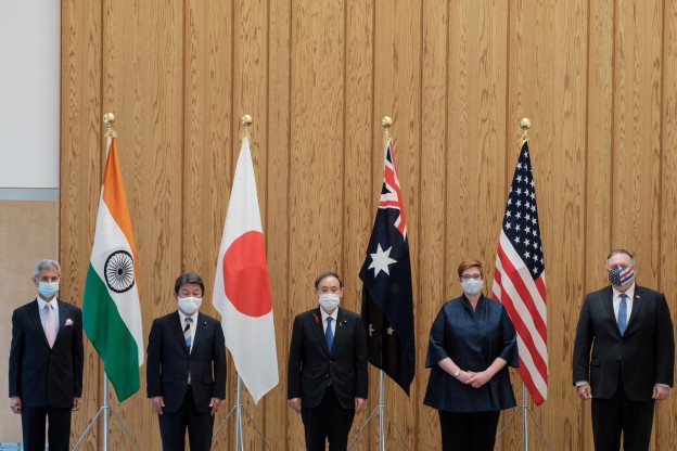 India's Foreign Minister Subrahmanyam Jaishankar, Japan's counterpart Toshimitsu Motegi, Japan's Prime Minister Yoshihide Suga, Australian Foreign Minister Marise Payne and U.S. Secretary of State Mike Pompeo pose for a picture before the meeting at the prime miniter's office in Tokyo, Japan October 6, 2020.  Nicolas Datiche/Pool via REUTERS - RC2UCJ9QLAVL